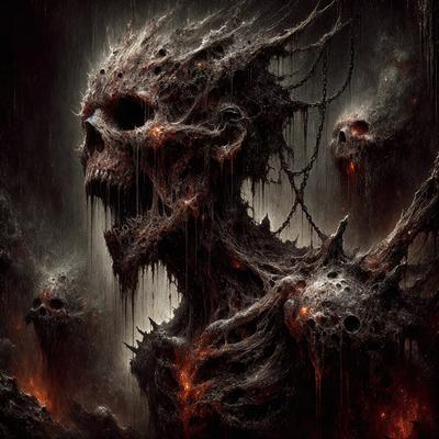 The primary subject of the image is a skeleton with a skull face, surrounded by a dark and eerie environment. The setting includes a chain link fence and a chain, adding to the ominous atmosphere. The visual style is a digital art or illustration, with the skeleton and its surroundings depicted in a detailed and intricate manner. The colors and mood of the image are predominantly dark and foreboding, with the skeleton and its surroundings being the main focus of the scene.